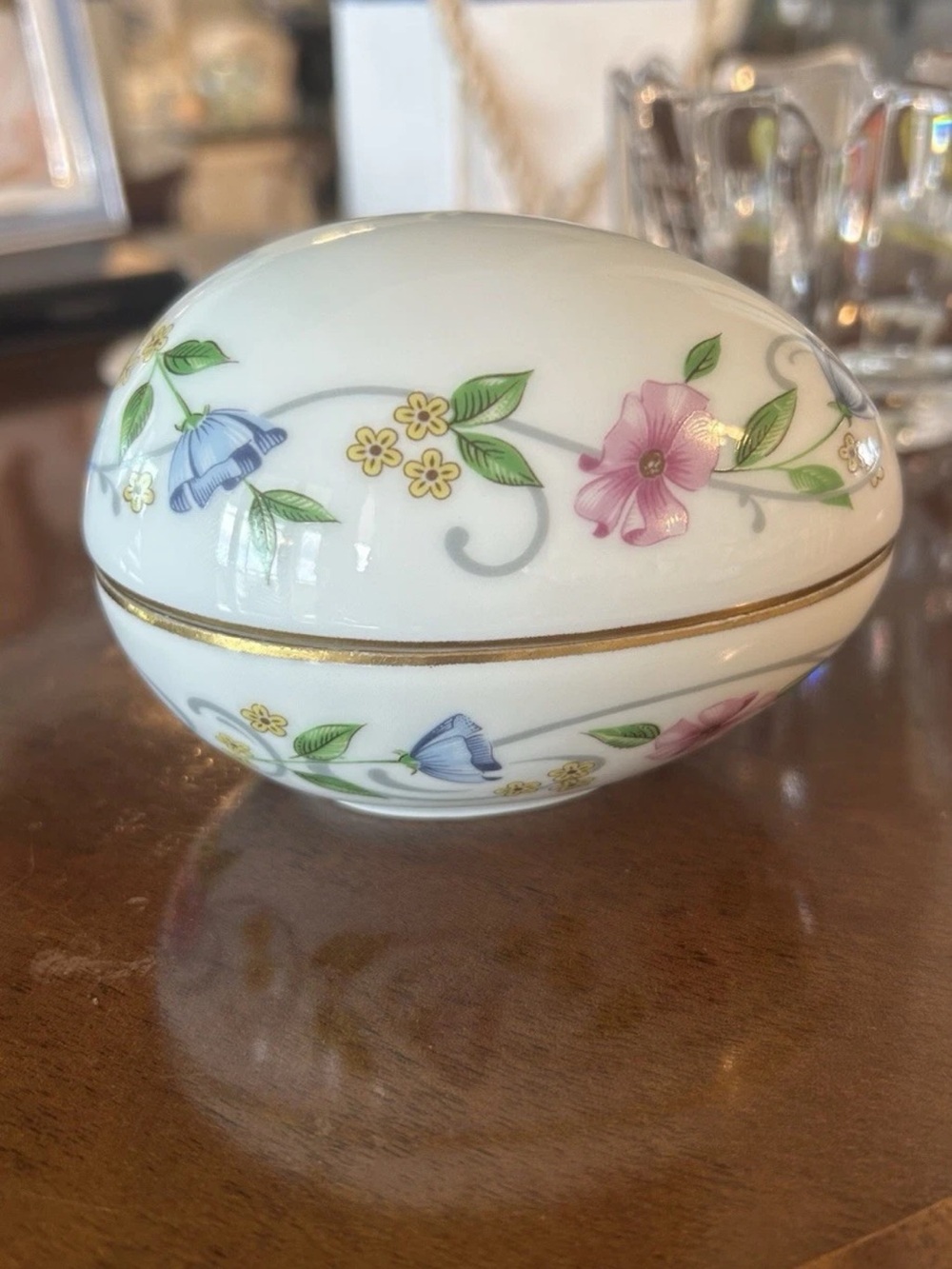 Limoges France Floral Porcelain Egg Trinket Box Dish with Lid